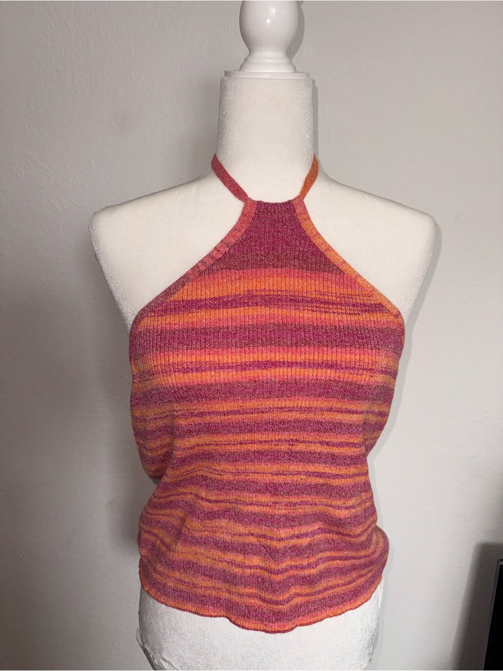 136. Striped Halter Knit Tank Top - Pink & Orange